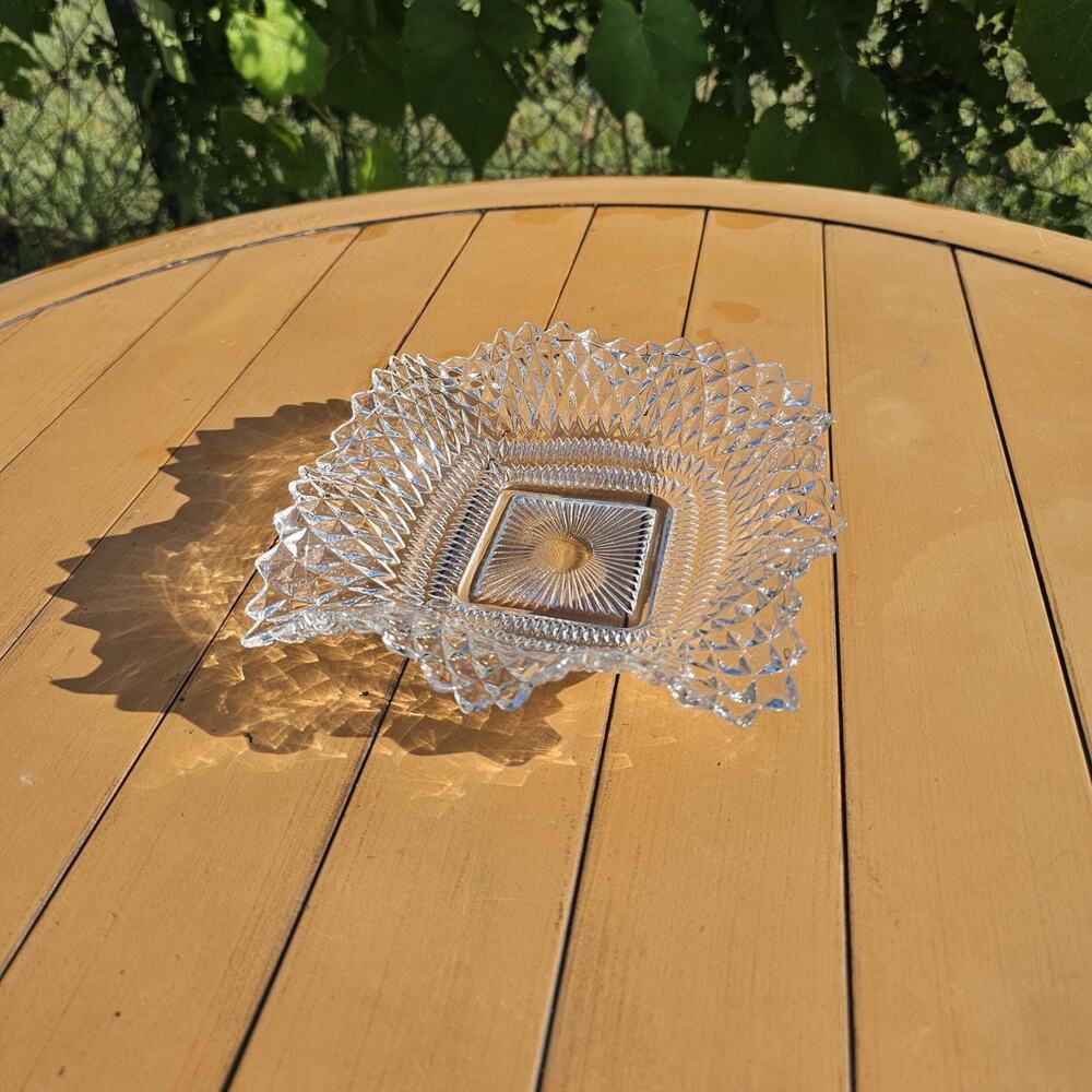 Vintage Indiana Glass Diamond Point Ruffle Edge Trinket Dish